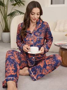 LuxeNights Allover Print Turndown Collar Long Sleeve Top & Pants Pajama Set, Fall Winter Clothes - Multicolor - View 3