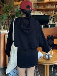 DAZY 女士休闲连帽长袖上衣和A字裙套装（2件套）家居服套装 - 藍色 - 查看 2