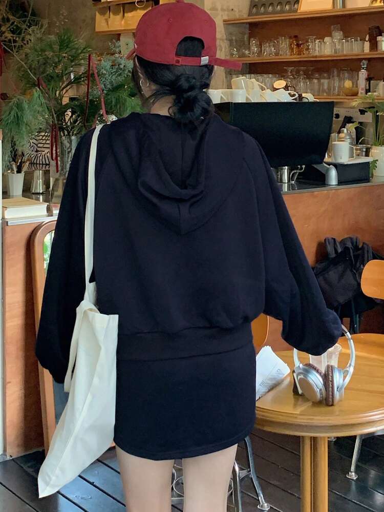 2pcs/Set Women Casual Hooded Long Sleeve Top And A-Line Skirt Set Lounge Sets For Women