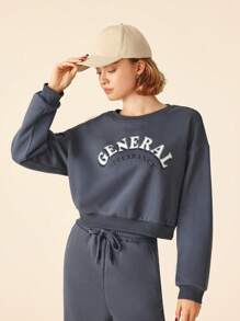 SHEIN Sports Women's Letter Print Round Neck Drop Shoulder Long Sleeve Sweatshirt And Self-Tie Waist Pants Sports Fleece Suit - Dusty Blue - View 5