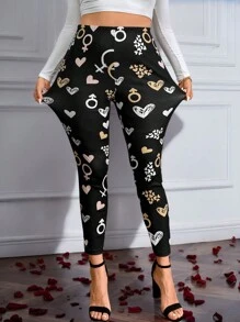 Inoviana Plus Size Women Heart Print Casual Leggings, Valentine's Day - Black - View 4