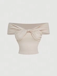 SHEIN MOD Top de punto en color albaricoque con escote descubierto y twist para tallas grandes de verano