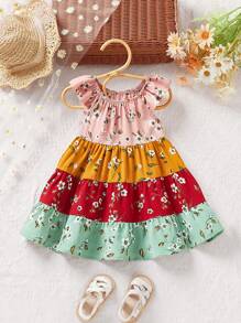 SHEIN Baby Mädchen Vintage Ditsy Blumen Farbblock Kurzarm Mini Kleid - Pink - Übersicht 8