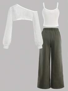 SHEIN Girlism 3pcs/Set For Teen Girls, Black & Beige, Fall/Winter, Casual Versatile Streetwear Style, Matching Family Outfit, Back To School, Solid Color Hollow-Out Jacquard Knit Tank Tops, Sleeveless, Relaxed Graduation Outfit. - Multicolor - View 10