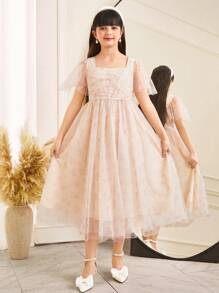 SHEIN Tween 女童优雅网眼碎花方领荷叶边袖连衣裙 - 杏色 - 查看 3