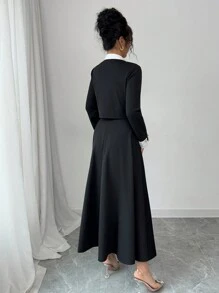 Elenzga 2 pièces Ensemble veste à col montant bicolore et mini-jupe pour femmes - Noir - Voir 2