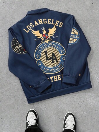 Manfinity Roghcode Giacca bomber con chiusura lampo e maniche lunghe, con stampa di lettere alla moda, adatta per rave, colore blu scuro, giacca grafica di moda, per il ritorno a scuola, uscite, regali per amici, marito, fidanzato, per l'autunno