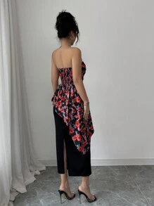 Elenzga Valentine's Day Women Elegant Romantic Floral Asymmetric Patchwork Ruched Waist Bodycon Tube Dress - Black - View 2