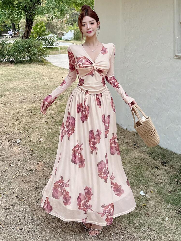 Women's V-Neck Floral Print Long Dress, Pink, Spring/Fall Long Sleeve Dress Boho