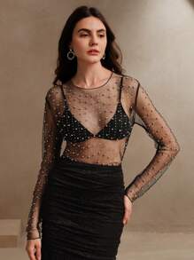 Anewsta Sheer Mesh Women's Long Sleeve Top For Spring/Summer, Beach Vacation, Valentine's Day - Black - View 5