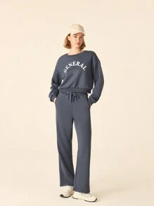 SHEIN Sports Women's Letter Print Round Neck Drop Shoulder Long Sleeve Sweatshirt And Self-Tie Waist Pants Sports Fleece Suit - Dusty Blue - View 7