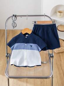 2pcs Baby Boy Summer Colorblock Polo Collar Short Sleeve Cardigan Top And Solid Elastic Waist Shorts Set, Casual School Style Suitable For Outings, Home, And School - Blue and White - View 4
