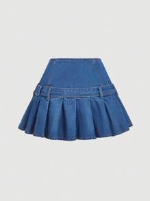 SHEIN MOD Women's Denim Pleated A-Line Mini Skirt With Button Closure - Blue - View 2