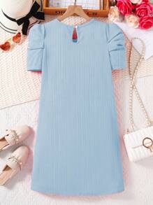 SHEIN Tween Girl' Simple Elegant Round Neck Short Sleeve Casual Dress - Blue - View 5