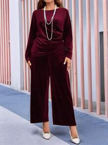 EMERY ROSE Conjunto de dos piezas de ropa de invierno para mujer tallas grandes, con top morado elegante plisado y pantalón con bolsillos