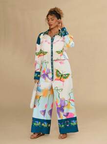 Travachic Plus Size 2pcs/Set Women Vacation Printed Long Sleeve Shirt & Pants Set,Women Two Pieces Sets,Women Fall Sets,Women Clothing Sets