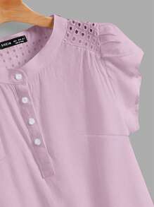 SHEIN LUNE Women's Solid Color Front Button Hollow Patchwork Casual Blouse - Pink - View 4