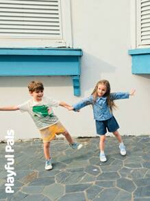 SHEIN 2pcs/Set Young Girls Fun All-Over Ladybug Print Polo Collar Top And Elastic Waist Soft Washed Vintage Blue Denim Shorts Set - Multicolor - View 8