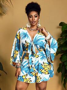 Slaydiva Plus Size Front Tie Long Sleeve Floral Print Casual Romper - Multicolor - View 6