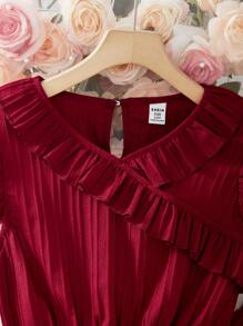 Sparklyn 2pcs/Set Tween Girl Textured Jacquard V Neck Flounce Sleeve Crop Top And Elastic Waist Pants, Casual Vacation Set For Spring & Summer,Holiday,Summer,Travel - Burgundy - View 8