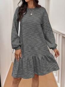 SHEIN LUNE Women Casual Waffle Crew Neck Ruffle Trim Long Sleeve Dress Business Casual Woman