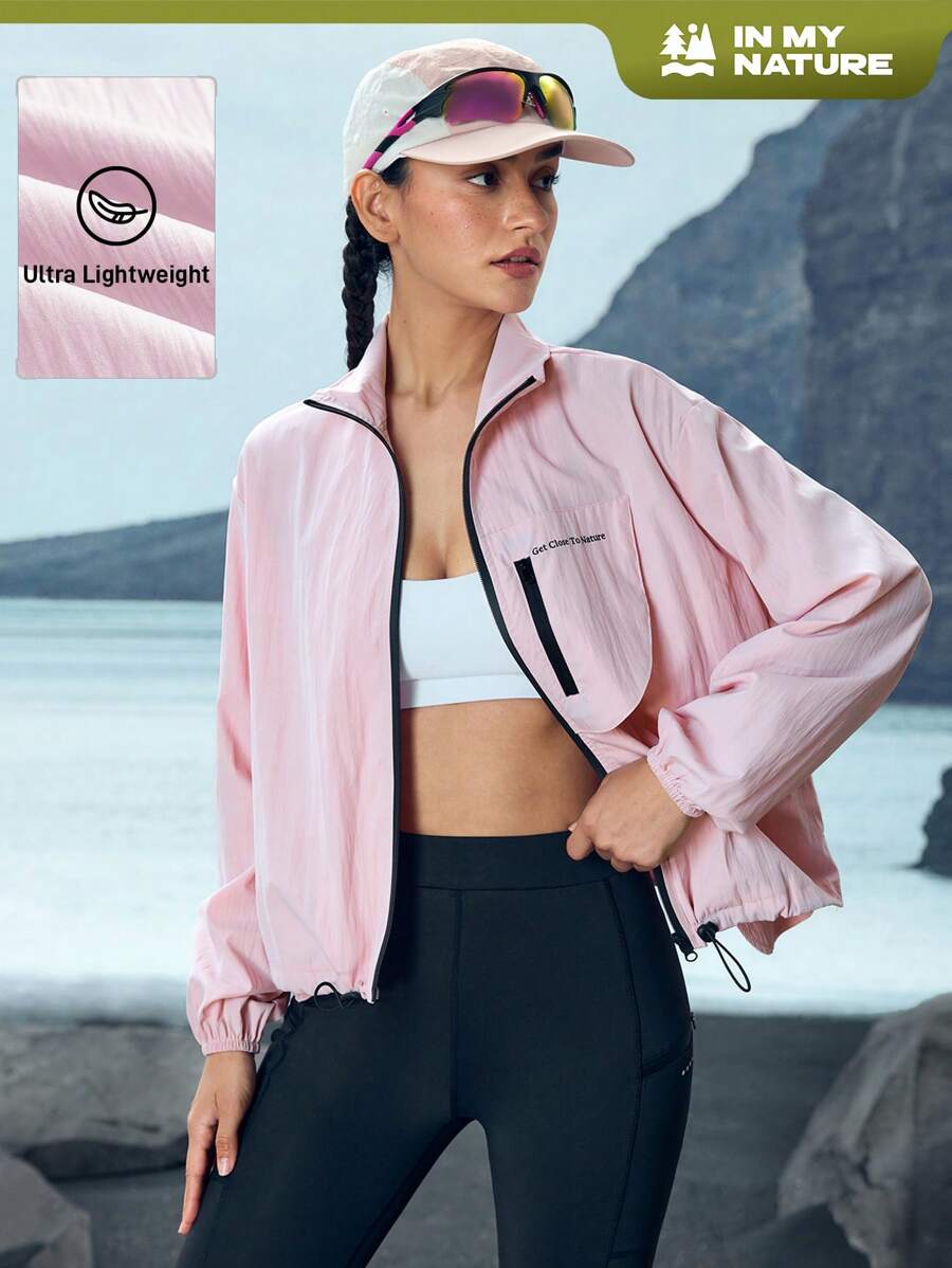 In My Nature Jaqueta Esportiva Feminina de Manga Longa com Zíper na Frente e Impressão de Letra, para Uso Externo - Rosa chiclete - Visão 1