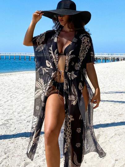 Swim Vcay 女士海滩度假装豹纹棕榈树图案中袖、褶皱腰、透明网眼罩衫超长泳衣连衣裙