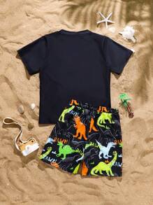 2pcs/Set Boys Digital Print Dinosaur Patterned Swimsuit Top And Trunks - Multicolor - View 2