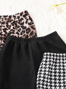SHEIN Leap Crew 3pcs Set Tween Girls Knit Solid Plaid Leopard Pattern Solid Palazzo Pants - Khaki - View 5