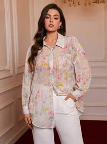 SHEIN VCAY 大码波西米亚风彩色花卉印花度假衬衫 - 彩色 - 查看 1