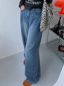 DAZY Women's Loose Wide Leg Side Pleated Flared Hem Long Denim Jeans, All Season