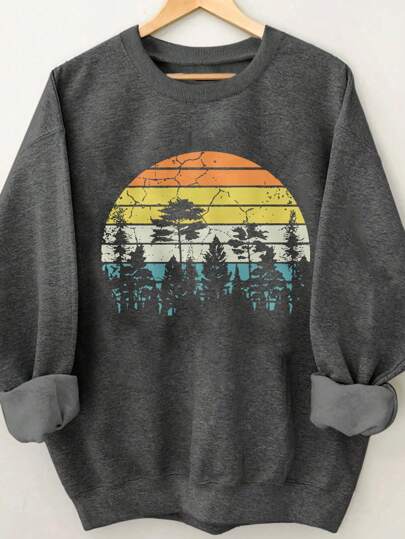INAWLY Women's Wild Animal And Tree Outdoor Vintage Forest Pattern Printed Long Sleeve Round Neck Sweatshirt, Loose Fit Casual Autumn/Winter Sports Pullover Fall Clothes,Ladies Spring/Fall Casual Long Sleeve Round Neck Loose Regular Dark Grey Regular Sleeve Pullovers Women Hoodies,Long Sleeve Tops Graduation,Back To School Outfits,Graduation,Teacher Outfits For Women,Back To School