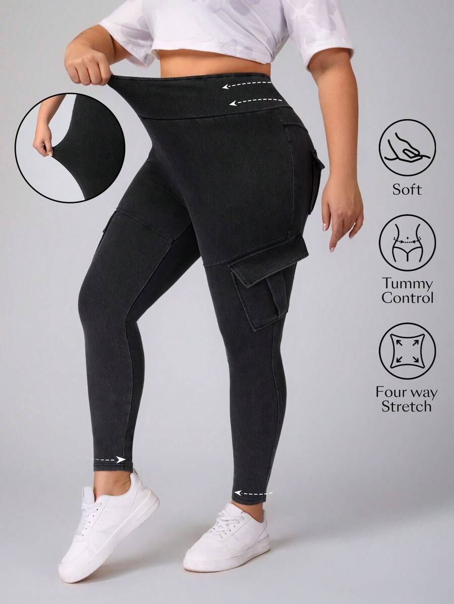 SHEIN Essnce 针织牛仔舒适运动风大码紧身裤 - 深灰色 - 查看 1