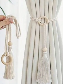 SHEIN 1 件/2 件/4 件绳天然木珠流苏绑带，简约北欧风格窗帘架和装饰 - 米色 - 查看 3