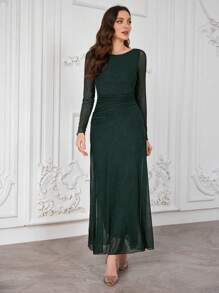 Modelyn 女士网眼长袖褶皱腰连衣裙酒红色长款女装 - 墨綠色 - 查看 3