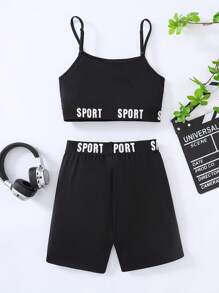 SHEIN Leap Crew Teen Girls Casual Sports Black Spliced Elastic Band Graphic Top And Bike Shorts - Black - View 2
