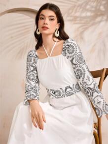 Al Najma Embroidered Halter Neck Women's Arabic Style Dress, Arabian Dresses - White - View 1