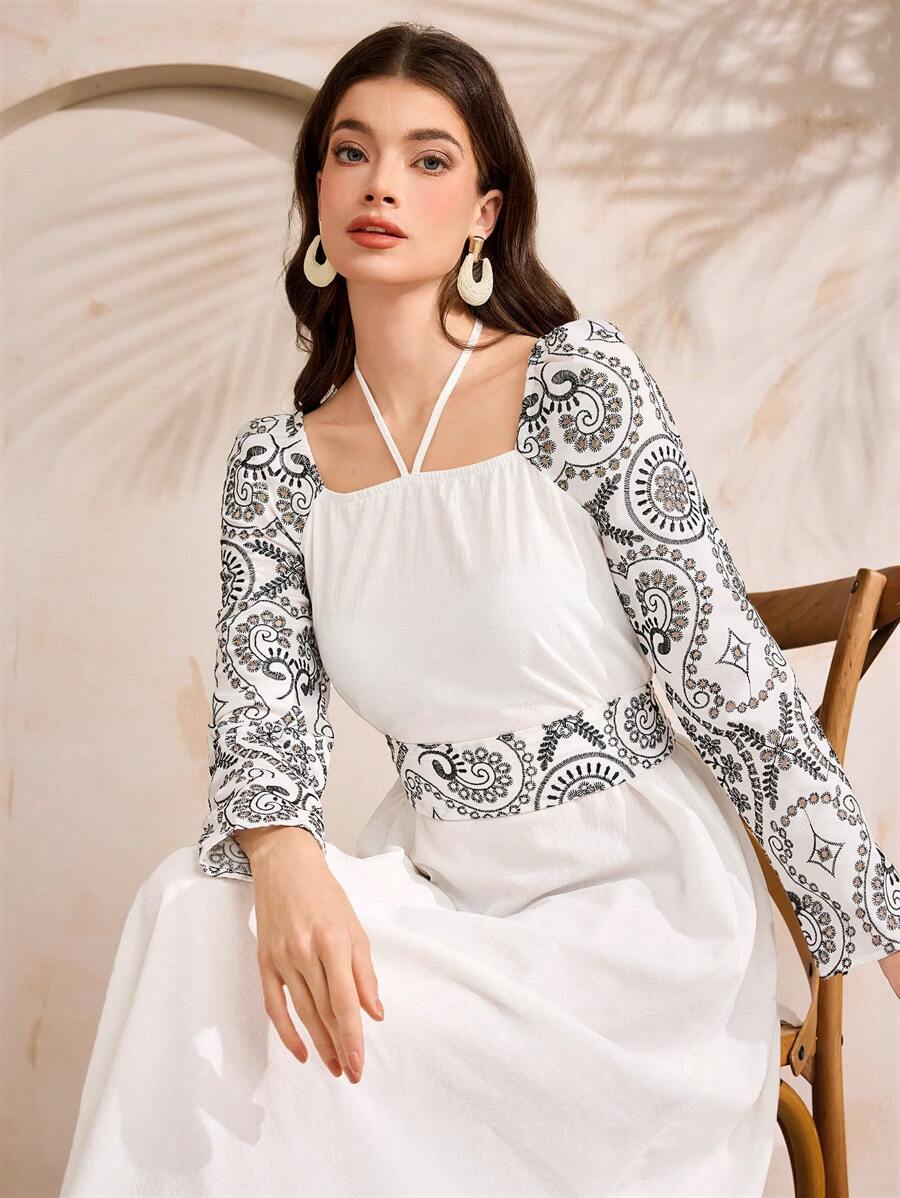 Al Najma Embroidered Halter Neck Women's Arabic Style Dress, Arabian Dresses - White - View 1