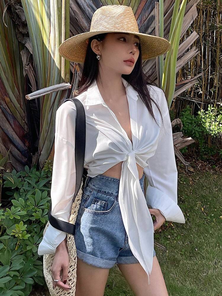 Fitted Long Sleeve Blouse With Bowknot Detail, Casual Vacation Style, Spring/Summer