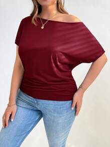 SHEIN Essnce Plus Size Women's Spring And Summer Casual Loose Off Shoulder Red Comfortable Tops T-Shirts, Summer Women's Clothes, Cute Summer Tops,Going Out Tops,Teacher Clothes,Curve Tops
