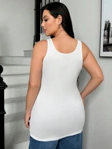 SHEIN Essnce Plus Size Women's Solid Color Round Neck Casual Tank Top - Khaki - View 8