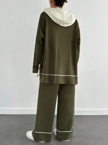 EURMUSE 2pcs Women Solid Color Patchwork Long Sleeve Hoodie Sweatshirt & Pants Suit - Army Green - View 2