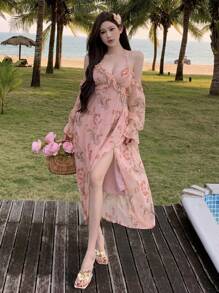 DAZY Vacation Style Beach Ditsy Floral Ruffle Trim Off Shoulder Midi Dress For Women,Summer
