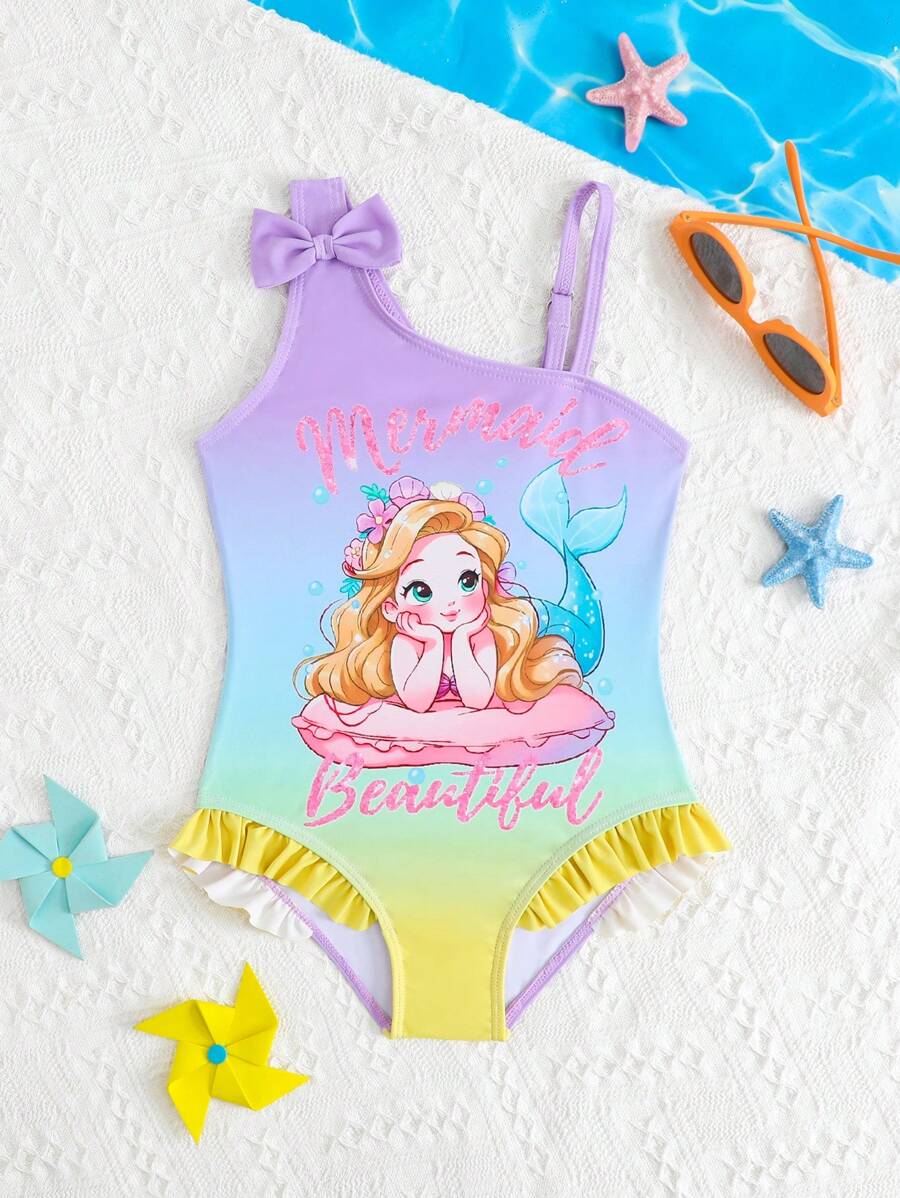 Young Girl Solid Color Patchwork Bow Decor Printed One-Piece Swimsuit - Mauve Purple - View 1