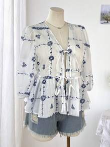 Flirla Plus Size Women's Tie Front Loose Long Sleeve Casual Shirt - Multicolor - View 3