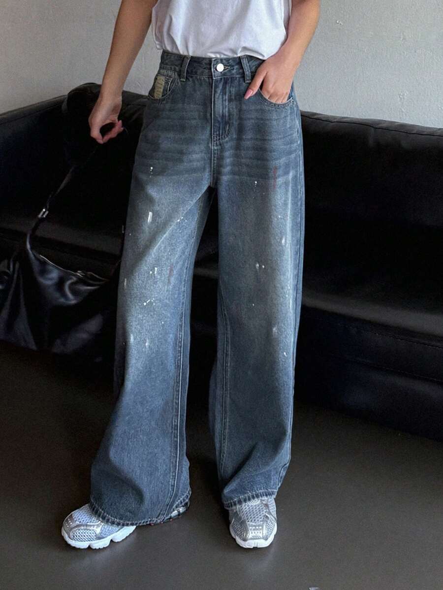 DAZY Jeans rectos de mujer con efecto tie-dye - Azul lavado medio - Ver 1