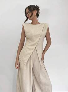 Siren Gaze 2pcs Women Sleeveless Plain Top And Long Pants Set, Simple Casual Daily Wear Summer - Apricot - View 3