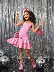 Vestido informal de color rosa liso con detalles de lazo y tirantes de espagueti minimalista, adecuado para el tiempo libre y vacaciones, cumpleaños, para niñas preadolescentes