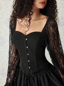 SHEIN MOD Blusa negra de mujer con mangas abullonadas de encaje y cierre a presión, blusas de manga larga, corsés para mujer, atuendos de fiesta para mujeres, camisetas divertidas, camisas de manga larga para mujeres