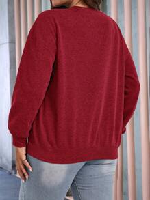 EMERY ROSE Plus Size Solid Crew Neck Thermal Lined Casual Fall Women Sweatshirts, Winter - Burgundy - View 2